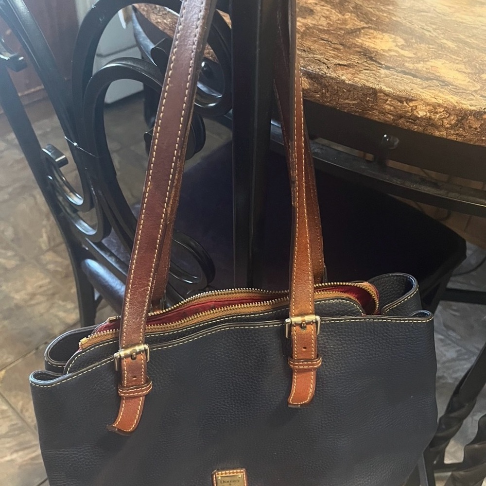 Navy and Brown Leather Tote Bag